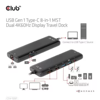 Club 3D Dokovací stanice USB-C 8v1, 1xDP, 1xHDMI, 1xUSB-C PD100W, 2xUSB, čtečka SD karet, šedá