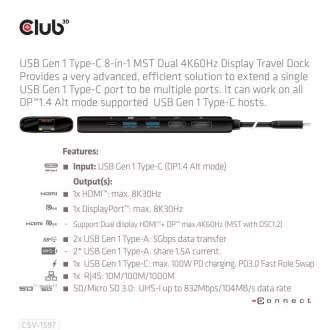 Club 3D Dokovací stanice USB-C 8v1, 1xDP, 1xHDMI, 1xUSB-C PD100W, 2xUSB, čtečka SD karet, šedá