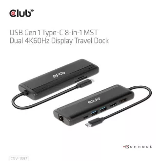 Club 3D Dokovací stanice USB-C 8v1, 1xDP, 1xHDMI, 1xUSB-C PD100W, 2xUSB, čtečka SD karet, šedá