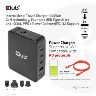 Club3D cestovní nabíječka 140W GaN technologie, 3xUSB-C, 1xUSB-A, PPS + PD 3.1 Support