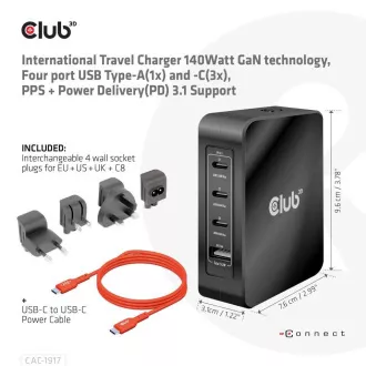Club3D cestovní nabíječka 140W GaN technologie, 3xUSB-C, 1xUSB-A, PPS + PD 3.1 Support