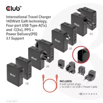 Club3D cestovní nabíječka 140W GaN technologie, 3xUSB-C, 1xUSB-A, PPS + PD 3.1 Support