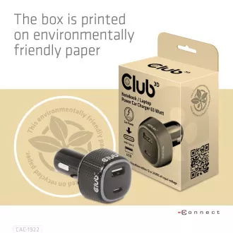Club3D Auto nabíječka pro Notebooky 63W, 2 porty (USB-A + USB-C)