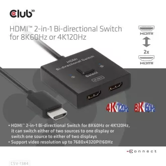 Club3D Switch, HDMI na 2xHDMI Oboustranný 2v1, 8K60Hz, 4K120Hz