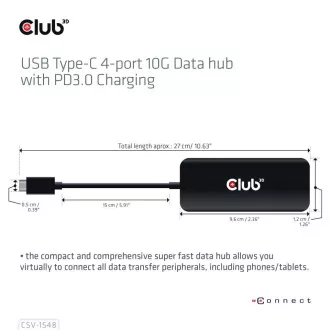 Club3D hub 1xUSB-C na 4xUSB-C, 10Gbps port, PD 3.0