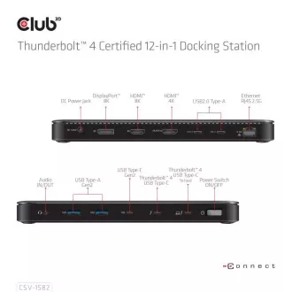 Club3D Dokovací stanice USB-C 12v1, 1xDP, 1xHDMI, 2xUSB-C, 4xUSB, 1xRJ45, černá