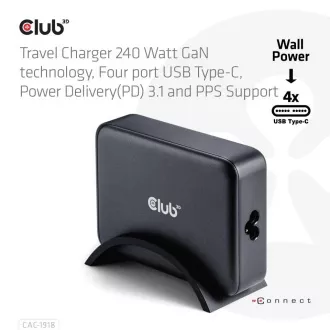 Club3D cestovní nabíječka 240W GaN technologie, 4xUSB-C, PPS + PD 3.1 Support
