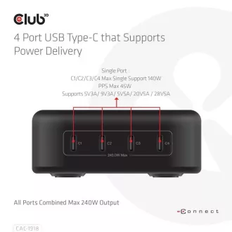 Club3D cestovní nabíječka 240W GaN technologie, 4xUSB-C, PPS + PD 3.1 Support