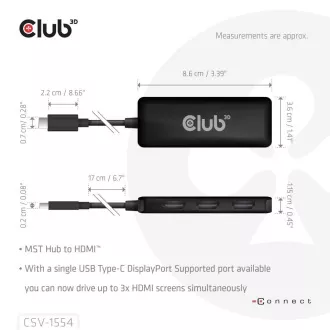 Club3D hub MST USB-C na 3xHDMI, Single: 8K30Hz, Triple: 4K60Hz