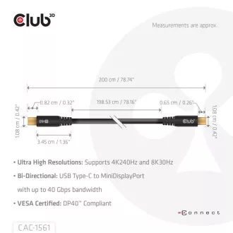 Club3D Kabel USB-C na MiniDisplayPort 2.1, 8K30Hz, DSC1.2, UHBR10, 2m