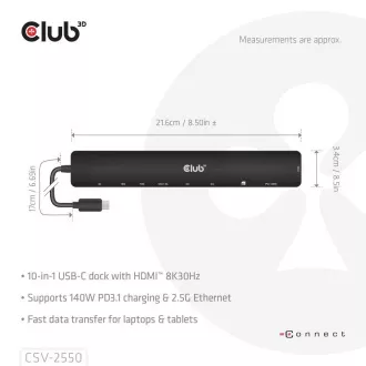 Club3D Dokovací stanice USB-C 10v1, 140W PD, 1xHDMI, 3xUSB-C, 3xUSB, 1xRJ45, černá