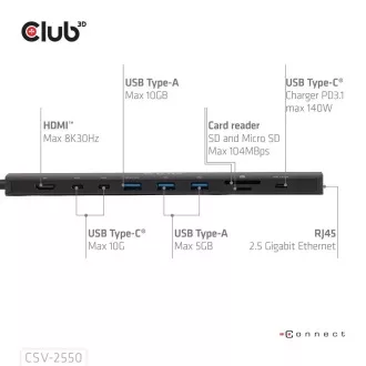 Club3D Dokovací stanice USB-C 10v1, 140W PD, 1xHDMI, 3xUSB-C, 3xUSB, 1xRJ45, černá