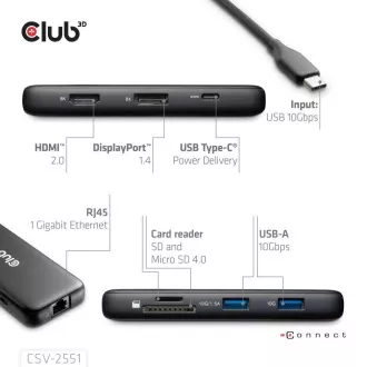 Club3D Dokovací stanice USB-C 8v1, 1xHDMI, 1xDP, 1xUSB-C, 2xUSB, 1xRJ45, černá