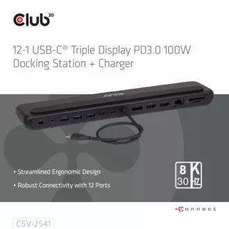 Club3D Dokovací stanice USB-C 12v1, 2xHDMI, 1xDP, 2xUSB-C, 3xUSB, 1xRJ45, 1x3.5mm, černá