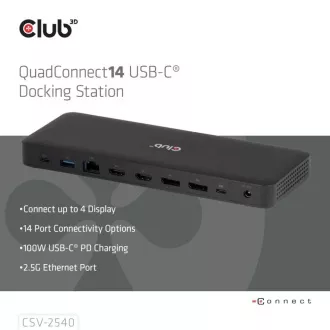 Club3D Dokovací stanice USB-C 14v1, 2xHDMI, 2xDP, 3xUSB-C, 1xUSB-C PD, 2xUSB, 1xRJ45, 1x3.5mm, microSD/SD, černá