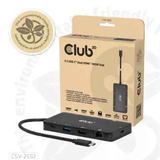Club3D Dokovací stanice USB-C 9v1, 2xHDMI, 1xUSB-C, 1xUSB-C PD, 2xUSB, 1xRJ45, microSD/SD, černá