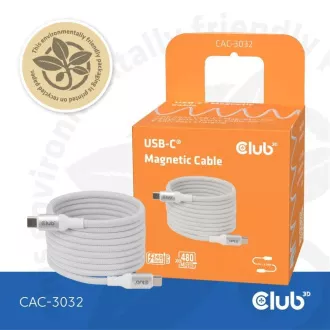 Club3D Kabel magnetický USB-C, 240W PD3.1, 480 Mbps, 2m, bílá