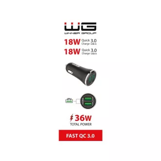 WG - Nabíječka do auta 2x USB-A 36W, QC 3.0 + QC 3.0, černá