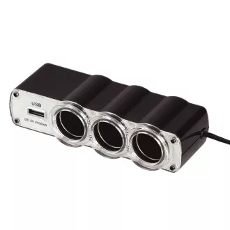 WG - Nabíječka do auta, rozbočovač, 3x zásuvka zapalovače 12V + 1x USB-A, s prodloužením