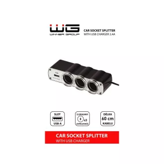 WG - Nabíječka do auta, rozbočovač, 3x zásuvka zapalovače 12V + 1x USB-A, s prodloužením