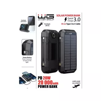 WG - Power Bank 20000 mAh, solarní panel + bezdrátové nabíjení 15W + svítilna + kompas, USB-C PD 20W, černá