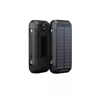 WG - Power Bank 20000 mAh, solarní panel + bezdrátové nabíjení 15W + svítilna + kompas, USB-C PD 20W, černá