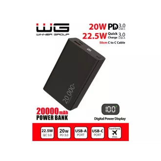 WG - Power Bank 20000 mAh, USB-C PD 20W + USB-A QC 22.5W, černá