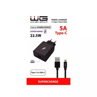 WG - Síťová nabíječka 1x USB-A 22, 5W, SuperCharge, 5V-9V-12V, + kabel USB-A na Type-C (5A), černá
