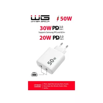WG - Síťová nabíječka 2x USB-C 50W, 1x USB-C PD 30W + 1x USB-C PD 20W, bílá