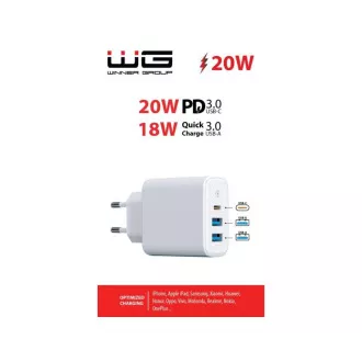 WG - Síťová nabíječka 3x USB, 1x USB-A QC 3.0 + 1x USB-A QC 3.0 + 1x USB-C PD 3.0, bílá