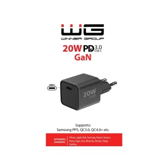 WG - Síťová nabíječka GaN 1x USB-C, PD 20W, 5V-9V-12V, černá