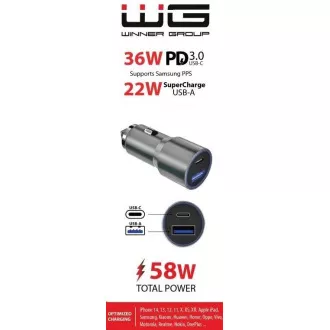 WG - Nabíječka do auta 2x USB 58, 5W, 1x USB-C PD 36W + 1x USB-A 22.5W, stříbrná