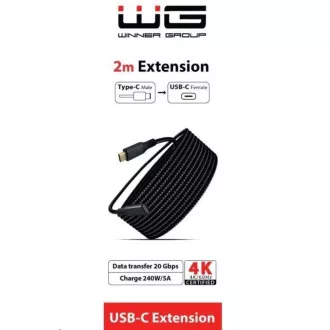 WG - Prodlužovací kabel USB-C (male) na USB-C (female), 2 metry, nylonový oplet, černá