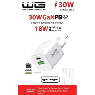 WG - Síťová nabíječka GaN 2x USB 30W, 1x USB-C PD3.0 PPS QC4 30W + USB-A 18W, kabel Type-C na Type-C, bílá