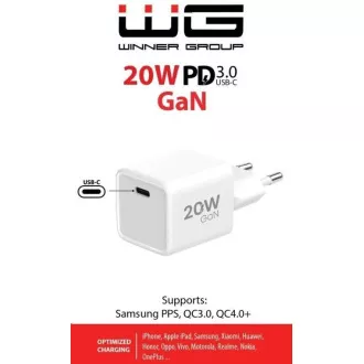 WG - Síťová nabíječka GaN 1x USB-C, PD 20W, 5V-9V-12V, bílá