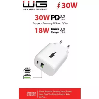 WG - Síťová nabíječka 2x USB, 1x USB-C PD PPS 3.0 30W + 1x USB-A QC4 18W, white
