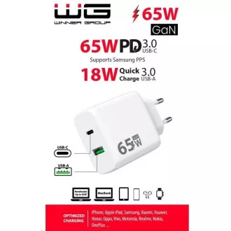 WG - Síťová nabíječka GaN 2x USB 65W, 1x USB-C PD 65W + 1x USB-A QC3.0 18W, white