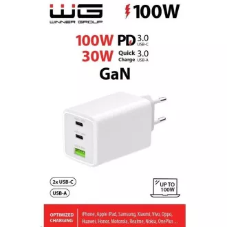 WG - Síťová nabíječka GaN 100W, 3x USB, 1x USB-A + 2x USB-C, white