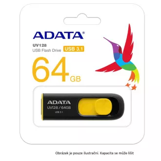 ADATA Flash Disk 16GB UV128, USB 3.1 Dash Drive (R:40/W:25 MB/s) černá/žlutá ADATA Flash Disk 16GB UV128, USB 3.1 Dash Drive (R:40/W:25 MB/s) černá/žlutá