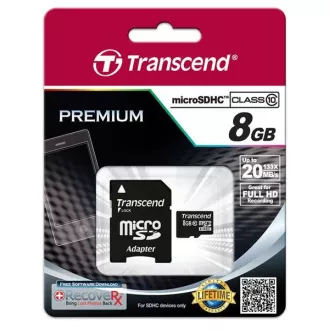 TRANSCEND MicroSDHC karta 8GB Class 10 + adaptér TRANSCEND MicroSDHC karta 8GB Class 10 + adaptér