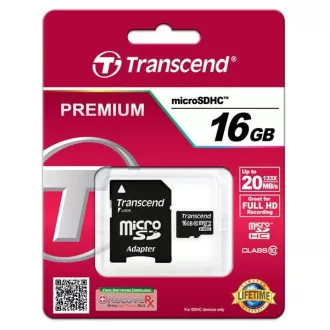 TRANSCEND MicroSDHC karta 16GB Class 10 + adaptér TRANSCEND MicroSDHC karta 16GB Class 10 + adaptér