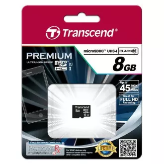 TRANSCEND MicroSDHC karta 8GB Premium, Class 10 UHS-I 300x, bez adaptéru