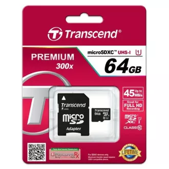 TRANSCEND MicroSDXC karta 64GB Premium, Class 10 UHS-I 400x (R:85/W:35 MB/s) + adaptér