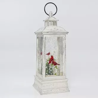 Eurolamp Vánoční dekorace bílá plastová lucerna s červeným ptáčkem uvnitř, 10,4 x 10,4 x 27,5 cm