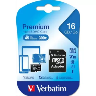 VERBATIM MicroSDHC karta 16GB Premium, U1 + SD adaptér