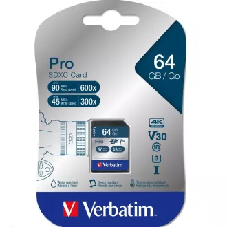 VERBATIM SDXC karta 64GB Pro, U3, V30 (R:90/W:45 MB/s)