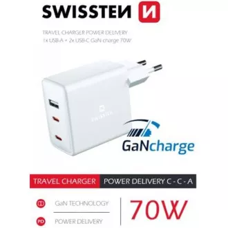 SÍŤ.ADAP.GaN 2x USB-C+1xUSB 70W SWISSTEN