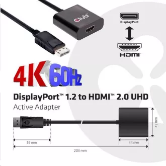 Club3D Adaptér aktivní DisplayPort 1.2 na HDMI 2.0 4K60Hz UHD, 20cm