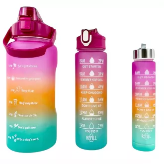 Motivační sportovní láhev 3v1, 2000 ml + 900 ml + 300 ml, Černá