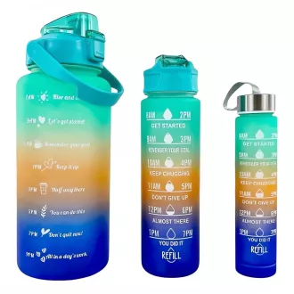 Motivační sportovní láhev 3v1, 2000 ml + 900 ml + 300 ml, Černá